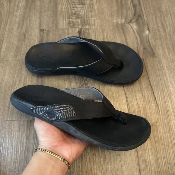 Olukai Men\'s Tuahine Leather Flip Flop Sandals Black Size 10 Tropical Resort Tuahine Men main image 3